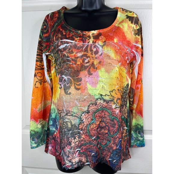 NY Collection Top Womens Size Large L Long Sleeve Orange Colorful Ruffle Stretch - Picture 3 of 8